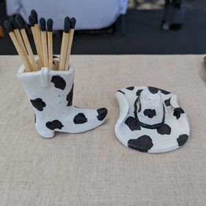 CERAMIC COWBOY BOOT MATCH HOLDER & HAT INCENSE HOLDER SET